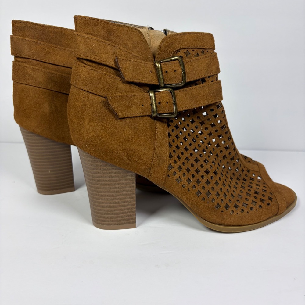 Torrid Booties Brown Faux Suede Laser Cut Open Toe Boho Festival Women 10W